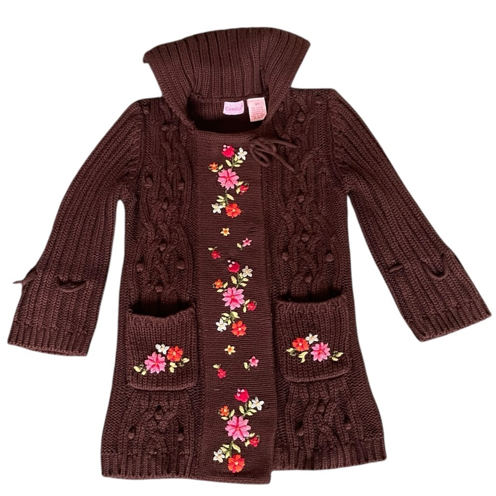 Camilla  Brown Floral Long Cardigan Sweater Snap Cableknit Ribbed Sz 3T​